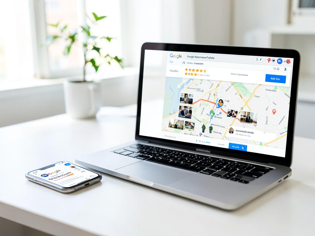 Portátil e telemóvel a mostrar um perfil de empresa no Google com mapa, avaliações por estrelas e botões de contacto