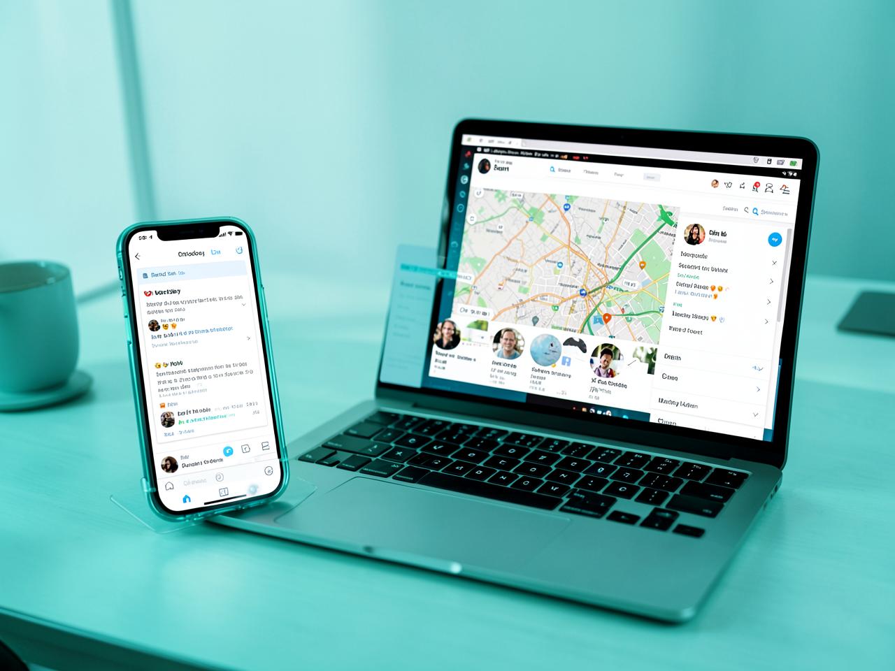 Telemóvel e portátil a mostrar resultados de pesquisa em mapas e perfis de redes sociais