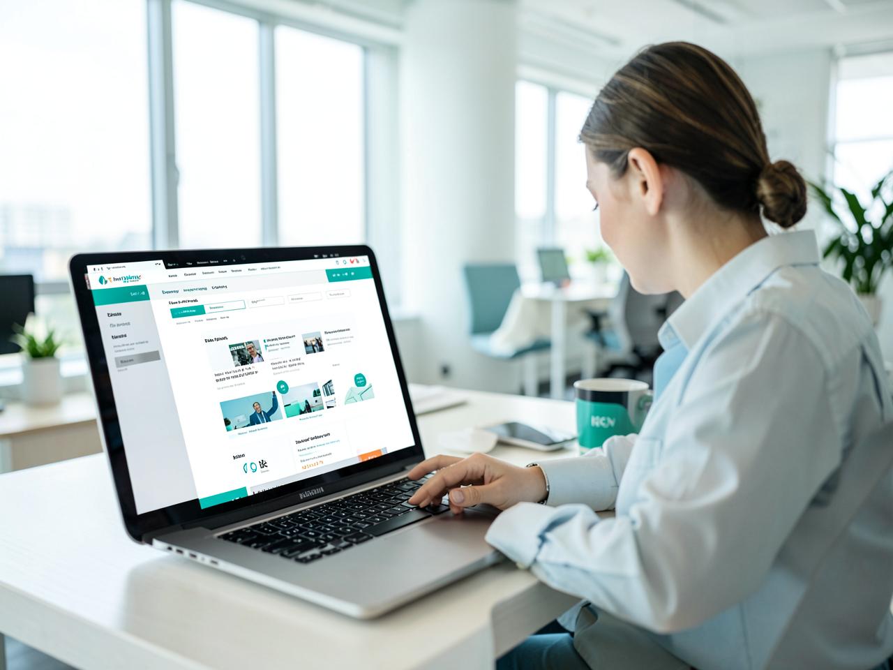 Profissional a analisar um website moderno e responsivo num portátil, num escritório luminoso