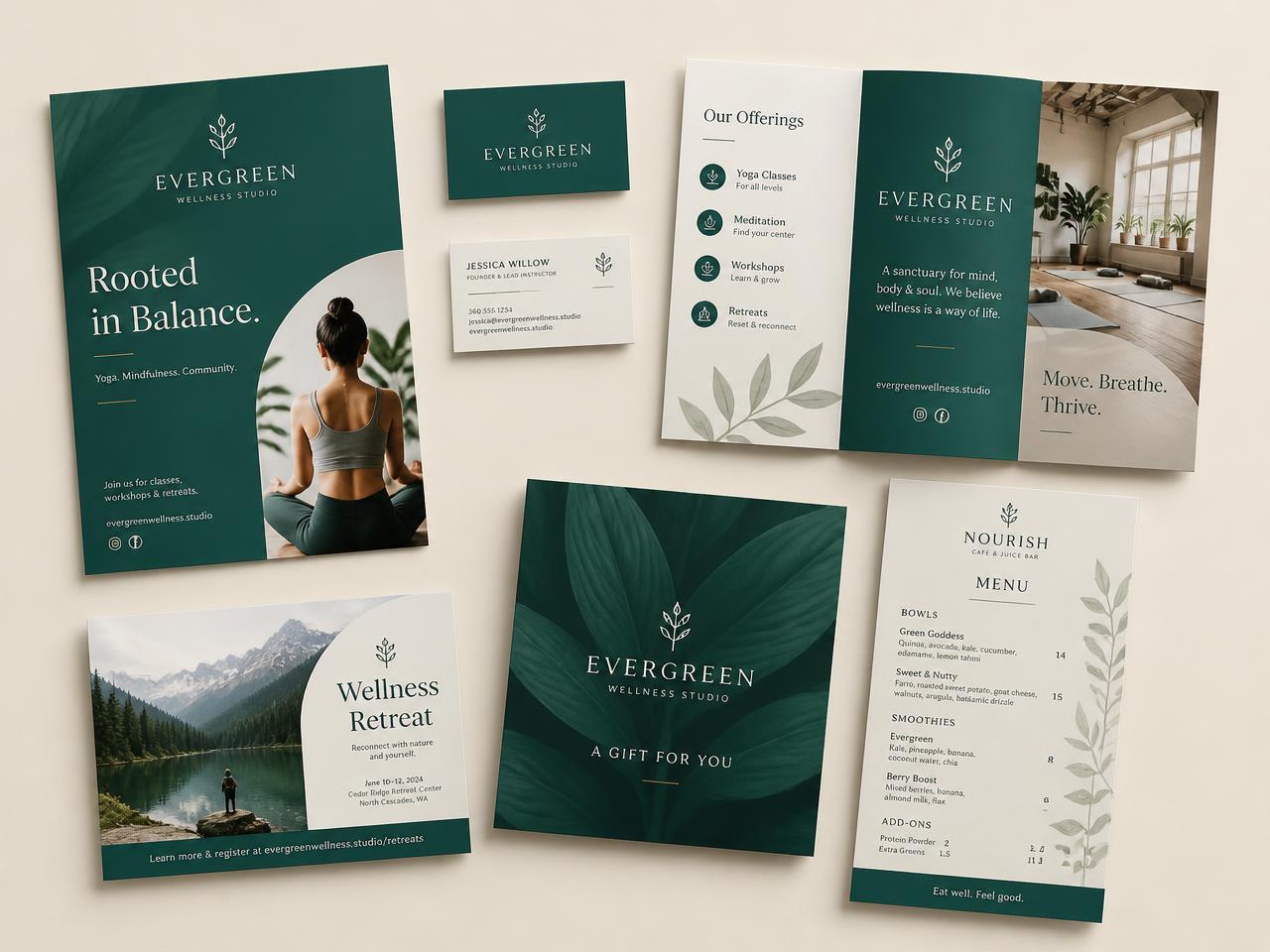 Materiais gráficos criados pela Agência Plenty: flyers, brochuras e cartões